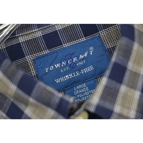 TownCraft Mens Size Large Wrinkle Free Button Up Long Sleeve Plaid Shirt Navy - Picture 5 of 7